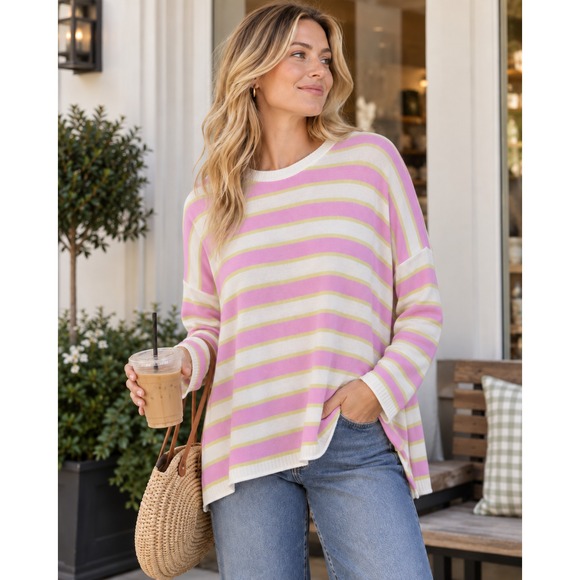 Mersea Sweaters - MERSEA Catalina Crewneck Sweater One Size Pink Yellow Striped Oversized Mer Sea